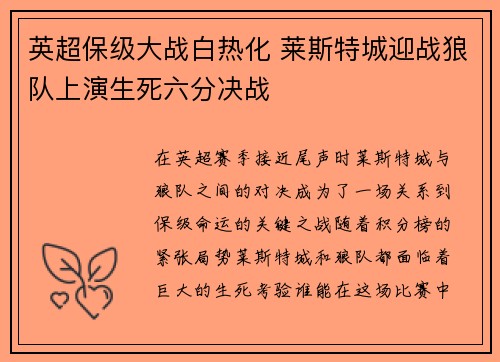 英超保级大战白热化 莱斯特城迎战狼队上演生死六分决战