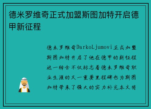 德米罗维奇正式加盟斯图加特开启德甲新征程