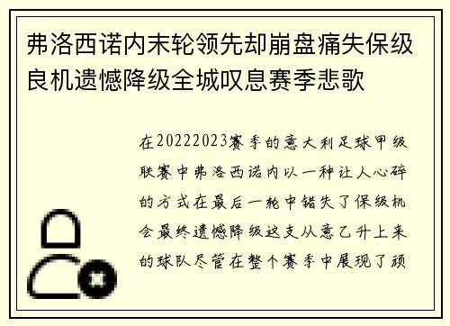 弗洛西诺内末轮领先却崩盘痛失保级良机遗憾降级全城叹息赛季悲歌 弗洛西诺内末轮领先却崩盘痛失保级良机遗憾降级全城叹息赛季悲歌