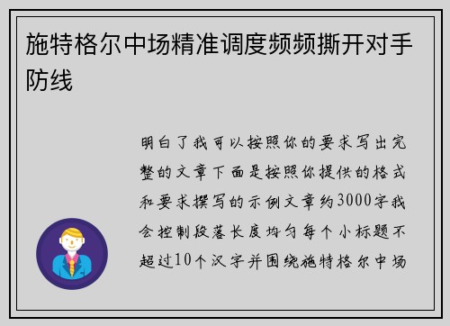 施特格尔中场精准调度频频撕开对手防线